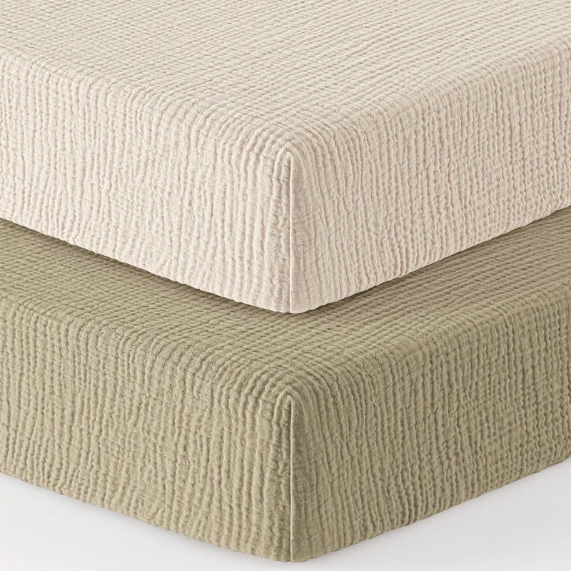 Bearmoss Muslin Mini Crib Sheets for Pack N Play Mattress - 100% Cotton - 38"x26" Soft Breathable Playard Baby Crib Sheets Neutral for Boys Girls - 2 Pack (Oat Latte) - Image 1